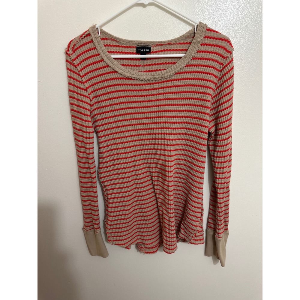 Torrid Red Tan Striped Waffle Knit Thermal Top Long Sleeve Size 0 L 12 Cotton